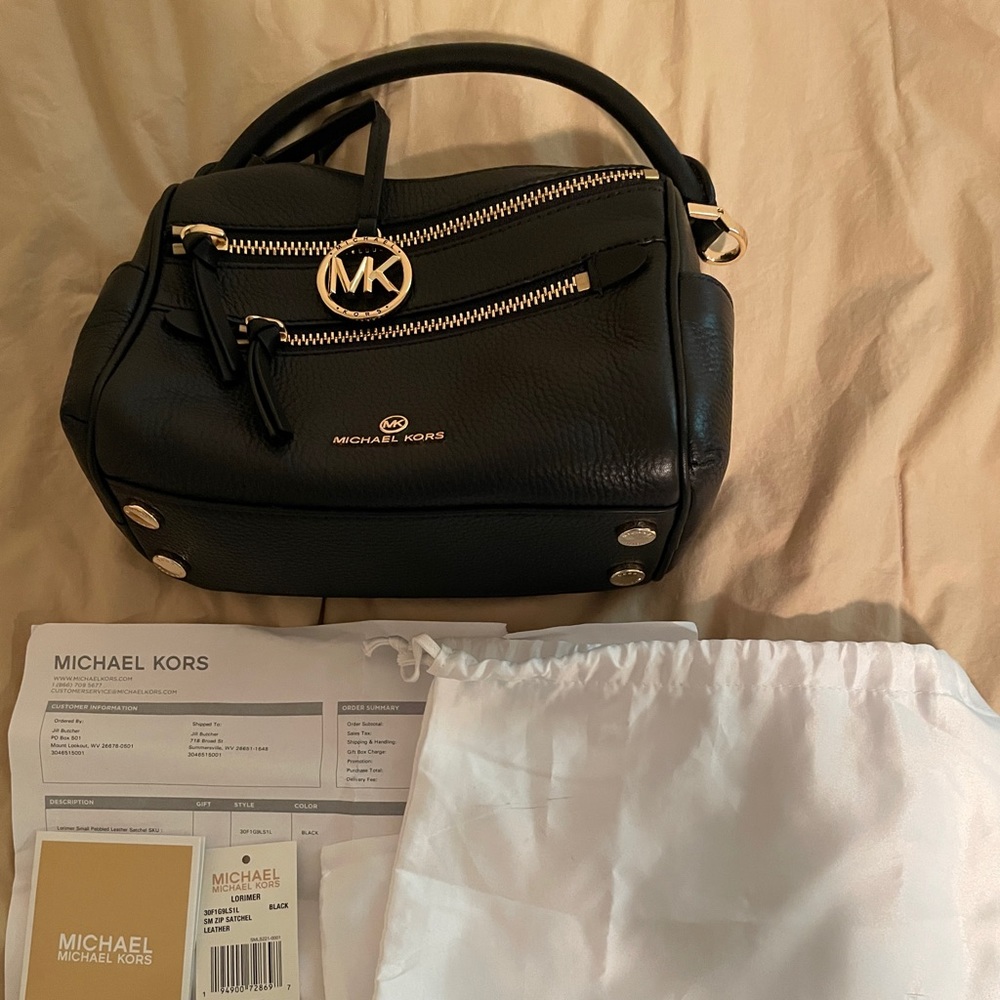 Michael Kors barely used Lorimer black leather satchel with tags and dustbag.